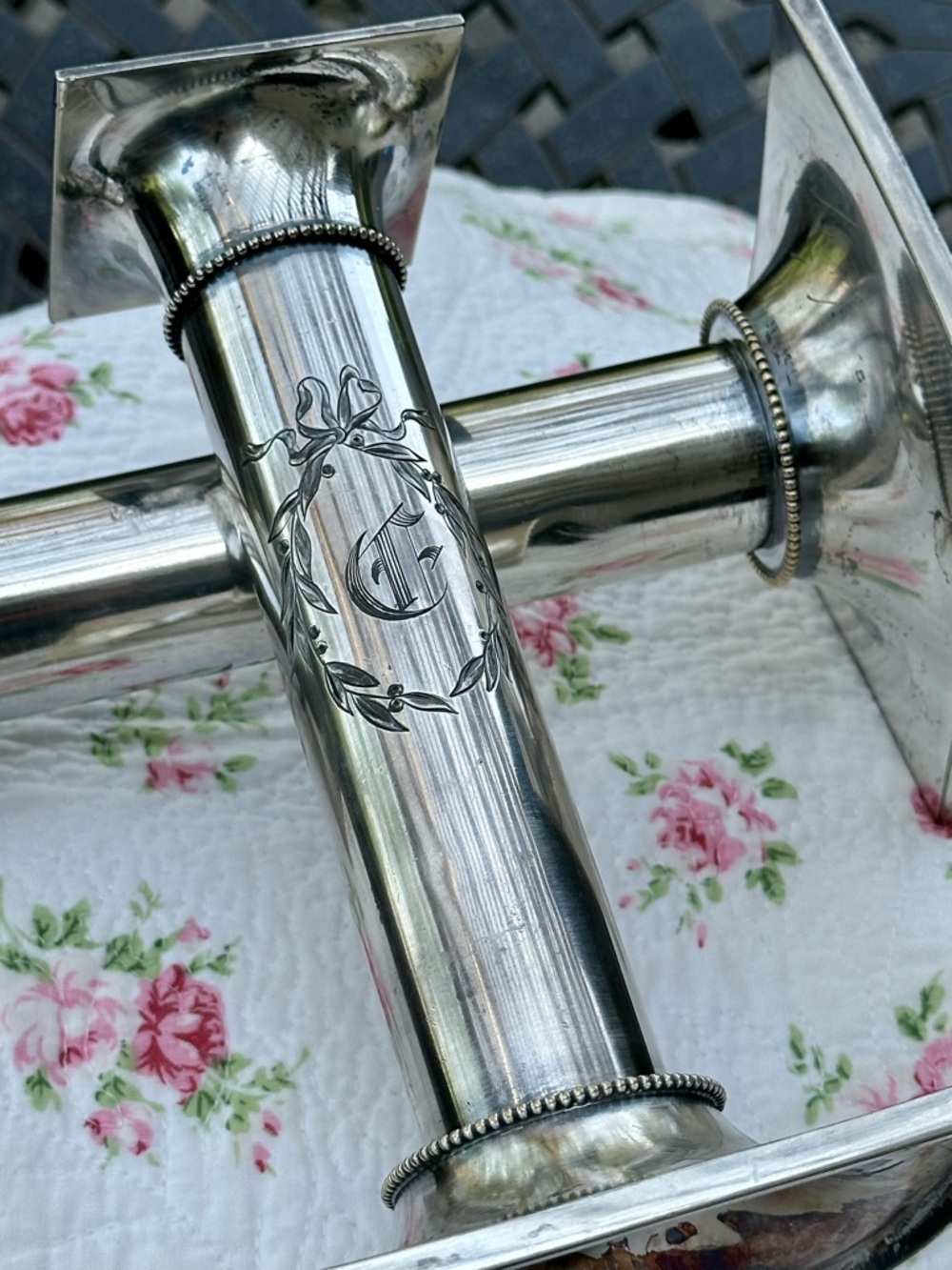 Vintage Pairpoint Silverplate Candlesticks Engraved Monogram Deco Pair
